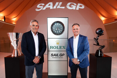 Sir Russell Coutts, SailGP CEO, with Joel Aeschlimann, Rolex International Sponsorship Manager, attending the SailGP 2025 Season Launch Event at Expo 2020, ahead of the Emirates Dubai Sail Grand Prix presented by P&O Marinas in Dubai, UAE. Thursday 21 November 2024. Photo: Simon Bruty for SailGP. Handout image supplied by SailGP. Editors note: This image has been digitally retouched.