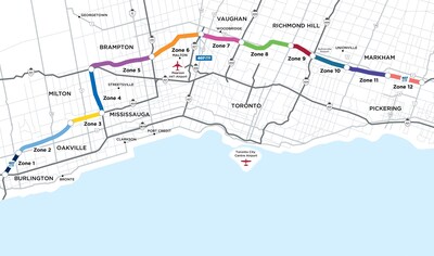 Map of Highway 407 ETR with new toll zones. (CNW Group/407 ETR Concession Company Limited)