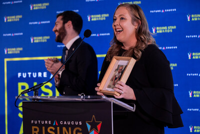 State Sen.-elect Tory Blew (R-KS) accepts the 2024 Future Caucus Rising Star Award alongside fellow winner State Asm. Alex Bores (D-NY)