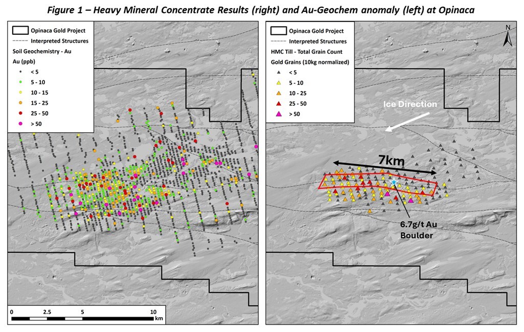 Figure 1 - Heavy Mineral Concentrate Results (right) and AU-Geochem anomaly (left) at Opinaca (CNW Group/Targa Exploration Corp.) Figure 1 - Heavy Mineral Concentrate Results (right) and AU-Geochem anomaly (left) at Opinaca (CNW Group/Targa Exploration Corp.)