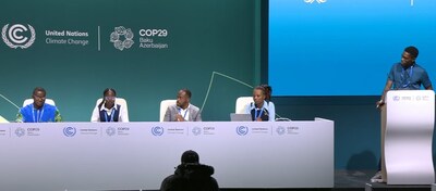 Youth activists from HBCU Green Fund’s Africa Network hold a press conference in Baku, Azerbaijan at the close of COP29. Pictured (L-R): Abubukar Kromah, executive director of Climate Activists Association of Liberia; Denise Ayebare, founder of Better Life International in Uganda; Kassim Hussein of Ghana’s Action for Climate Empowerment; and Lucky Abeng, EcoSteward Humanitarian Foundation in Nigeria.