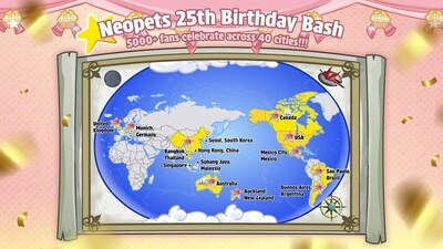 Neopets’ 25th Anniversary Event Map, showcasing festivities in 40 vibrant cities across 14 countries and regions