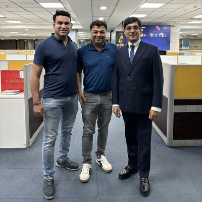 Co-founders Aman Gupta and Sandeep Sugla with Nirmal Shani at MarketsandMarkets headquarters in Pune, India.