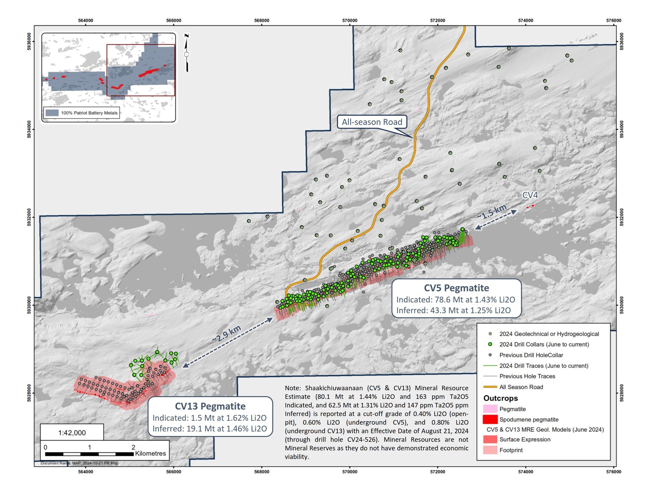 Figure 5: Drill holes completed during 2024 at the CV5 and CV13 spodumene pegmatites. (CNW Group/Patriot Battery Metals Inc.)