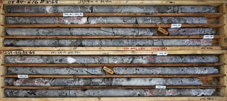 Figure 2: Very high-grade spodumene pegmatite interval with very large spodumene crystals from the western area of CV5 (drill hole CV24-616), located approximately 2 km west of the high-grade Nova Zone. The core grades 4.76% Li2O over 8.5 m (286.9 m to 295.4 m). (CNW Group/Patriot Battery Metals Inc.)