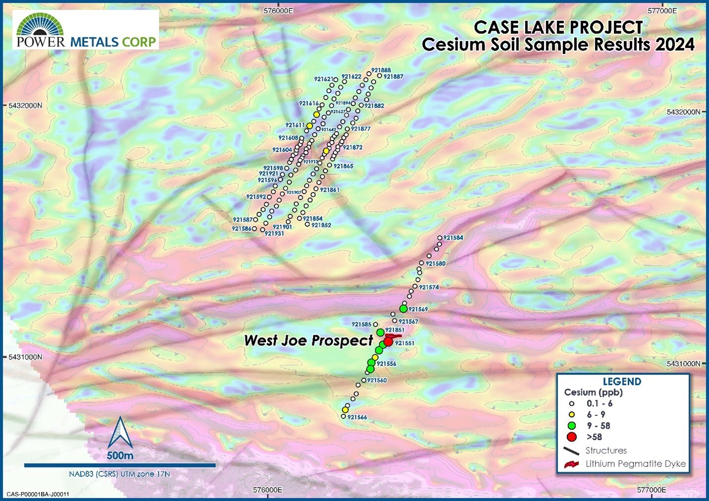 Figure 1 – Cesium Results from the recently conducted Soil Sampling Program at Case Lake (CNW Group/Power Metals Corp.)