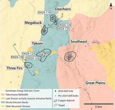 Figure 2. Map showing the main target areas on the Woodjam project and the location of 2024 drill holes. (CNW Group/Vizsla Copper Corp.)