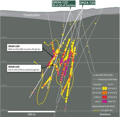 Figure 7. Southwest-northeast section across the southeastern extent of the Deerhorn deposit showing the location of DH24-125 and DH24-120 (previously released). Interpolated gold shell is based on preliminary modelling of current and historical assay data2 and is shown to schematically show the distribution of porphyry-related gold mineralization. Copper results (right side of drill trace) only shown for 2024 holes. Intervals are downhole length-weighted. True widths are unknown. Section width is 90 m. (CNW Group/Vizsla Copper Corp.)