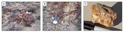 Figure 2. A selection of the rocks found on the Property. A) Iron-oxide stained jasperoid, B) Fractured calcareous siltstone C) Acid-leached siltstone breccia. (CNW Group/Stuhini Exploration Ltd.)