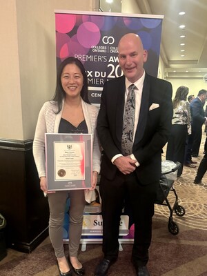 Emily Chung and Dr. Craig Stephenson, President and CEO, Centennial College, take a moment to mark Chung's recognition at the Premier's Awards. (CNW Group/Centennial College)