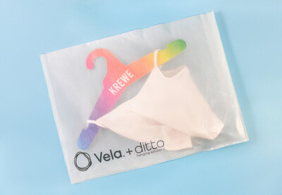 Vela, an award-winning alternative to single-use plastic. Here, a Vela bag is paired with a paper fiberboard hanger from Ditto Hanging Solutions, a subsidiary of Nexgen Packaging.