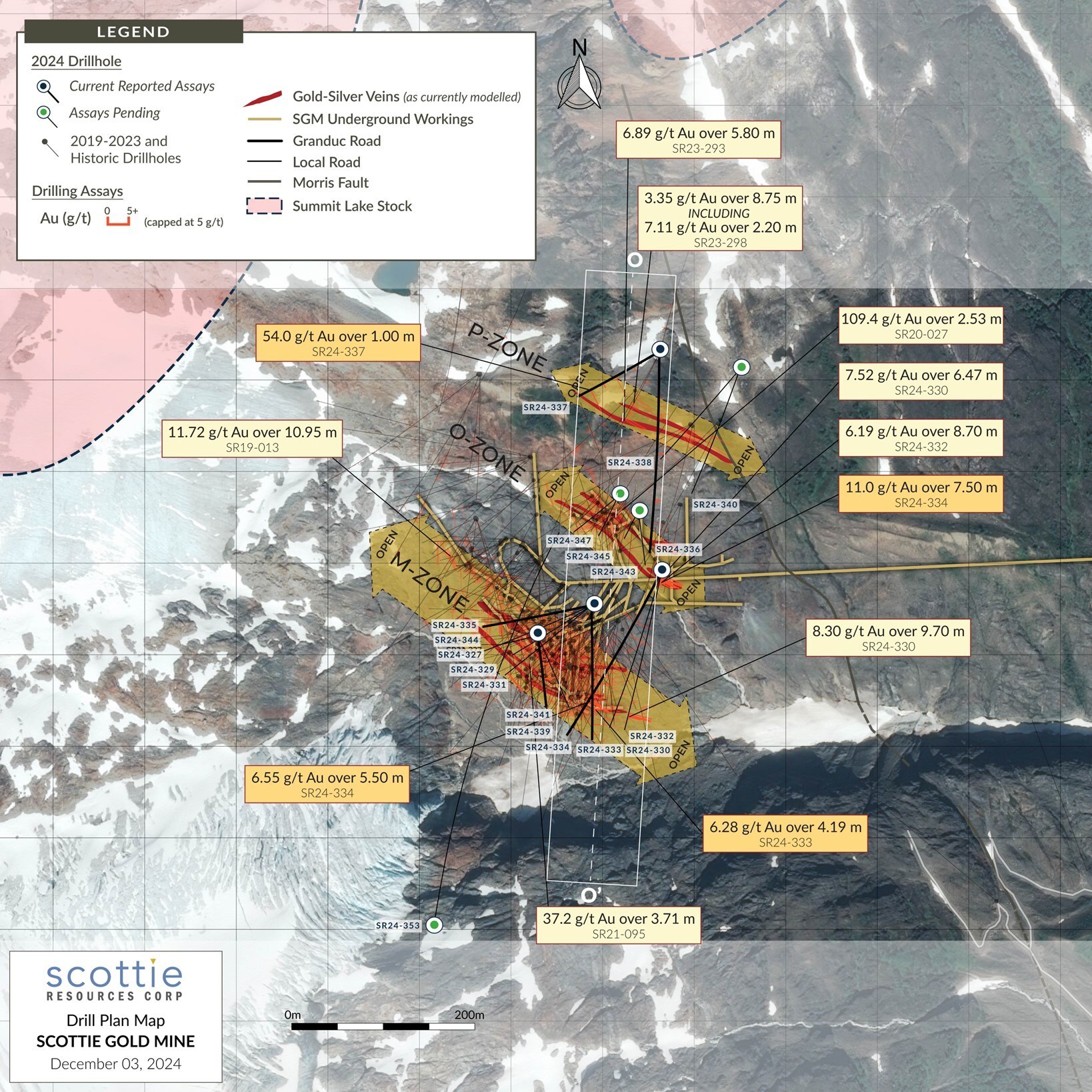 Figure 1: Overview plan view map of the Scottie Gold Mine, illustrating known mineralized zones, historic underground workings, and the distribution of the collars and traces of the 2024 drill holes. (CNW Group/Scottie Resources Corp.) Figure 1: Overview plan view map of the Scottie Gold Mine, illustrating known mineralized zones, historic underground workings, and the distribution of the collars and traces of the 2024 drill holes. (CNW Group/Scottie Resources Corp.)
