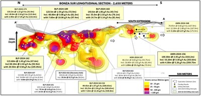 Figure 3: Bonza Sur longitudinal section showing selected results (CNW Group/Lundin Gold Inc.)