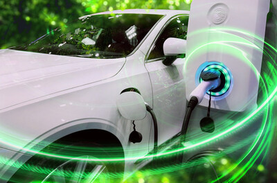 EV Car or Electric vehicle at charging station with the power cable supply plugged in on blurred nature with green enegy power effect. Eco-friendly sustainable energy concept.