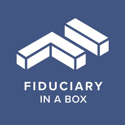 Fiduciary In A Box logo featuring a geometric design of stacked white blocks forming an abstract "F" shape on a blue background, with the text 'FIDUCIARY IN A BOX' below the design in white uppercase letters.