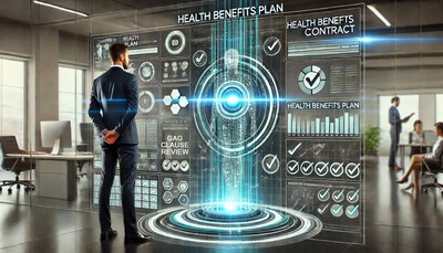 Business professional in a suit analyzing a futuristic holographic interface displaying health benefits plans, contracts, and gag clause review, surrounded by charts, checklists, and digital visuals in a modern office setting, with colleagues collaborating in the background.