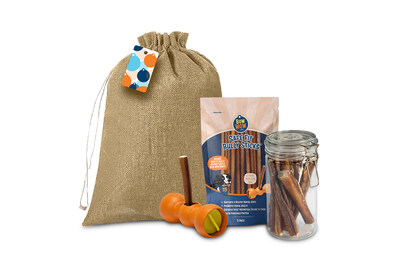 The Holiday Bow Wow Buddy Starter Kit is a gift for dogs of all sizes and breeds.