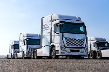 Hyundai XCIENT fuel cell trucks are photographed at the Port of Brunswick, Georgia in Sept. 2024.