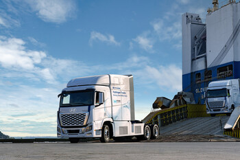 Hyundai XCIENT fuel cell trucks are photographed at the Port of Brunswick, Georgia in Sept. 2024.