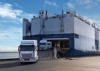 Hyundai XCIENT fuel cell trucks are photographed at the Port of Brunswick, Georgia in Sept. 2024.