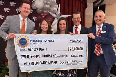 Ashley Davis gets a hand with her $25,000 Milken Educator Award check from colleagues and visitors.

From left: Louisiana Superintendent of Education Dr. Cade Brumley, Central Intermediate School Principal Erin Bonaventure, Ashley Davis (LA '24), Milken Educator Awards Founder Lowell Milken, and Central Community School System Superintendent Dr. Jason Fountain.