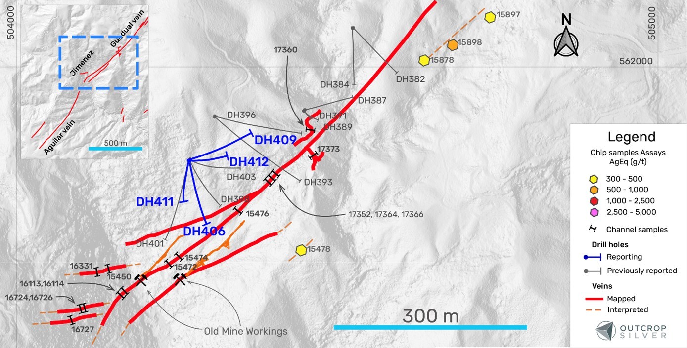 Figure 1. Plan view of the Jimenez vein target showing the drill holes reported in this release (Table 1), drilling and samples previously reported (Table 2). (CNW Group/Outcrop Silver & Gold Corporation) Figure 1. Plan view of the Jimenez vein target showing the drill holes reported in this release (Table 1), drilling and samples previously reported (Table 2). (CNW Group/Outcrop Silver & Gold Corporation)