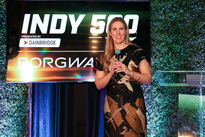 Michelle Collins, Global Director, Marketing and Public Relations, BorgWarner, says a few words before the newest addition to the Borg-Warner Trophy is unveiled | Borg-Warner Trophy Unveil | December 4, 2024