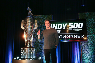 Josef Newgarden, 2024 Indianapolis 500 winner, shows off his two wins on the Borg-Warner Trophy | Borg-Warner Trophy Unveil | December 4, 2024