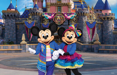 Beginning May 16, 2025, and continuing through summer 2026, the Disneyland Resort 70th Celebration will honor seven decades of happiness and many moments of joy in the making in Anaheim, Calif. Guests can “celebrate happy” with limited-time entertainment and decor, such as Mickey Mouse, Minnie Mouse and their pals dressed in custom looks designed just for the occasion. (Christian Thompson/Disneyland Resort)