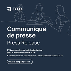 BTB REIT Announces its Distribution for the Month of December 2024