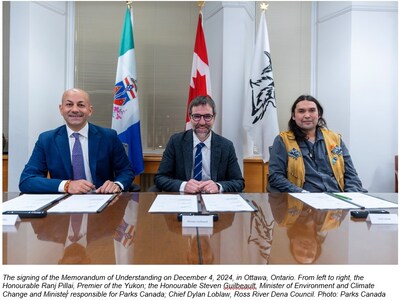 The signing of the Memorandum of Understanding on December 4, 2024, in Ottawa, Ontario. From left to right, the Honourable Ranj Pillai, Premier of the Yukon; the Honourable Steven Guilbeault, Minister of Environment and Climate Change and Minister responsible for Parks Canada; Chief Dylan Loblaw, Ross River Dena Council. Photo: Parks Canada (CNW Group/Parks Canada (HQ))