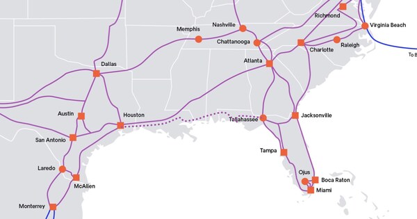 Arelion's new fully diverse route from Texas to Florida.