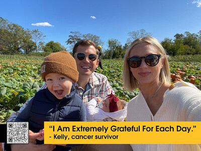 100% of participants in a clinical trial funded by Stand Up To Cancer saw their rectal cancer disappear, including Kelly Spill, photographed above with her family.