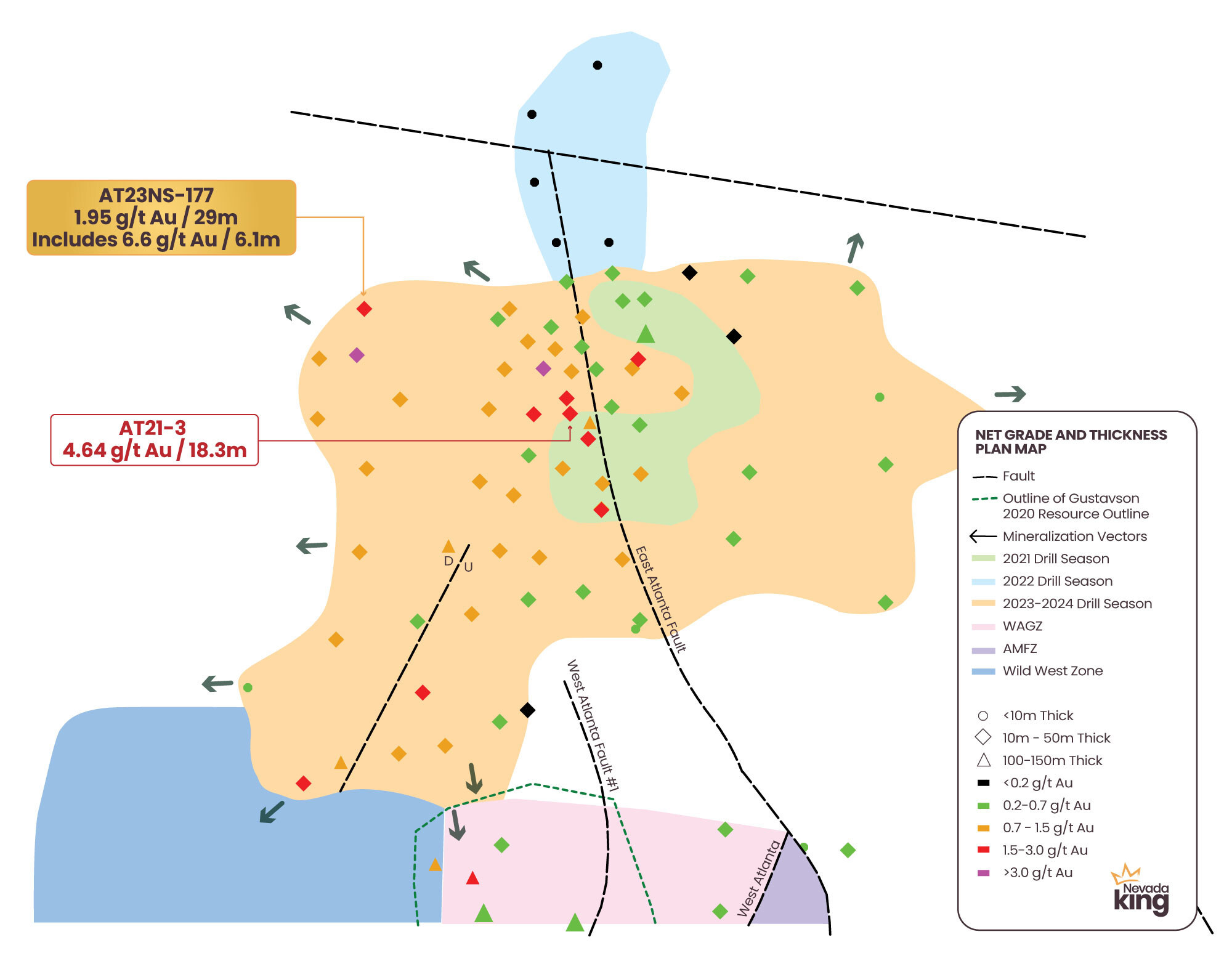 Table 1. Highlight holes released today. Mineralization occurs along near-horizontal horizons with true mineralized thickness in vertical holes estimated to be 85% to 95% of reported drill intercept length. *Denotes holes bottoming in mineralization. (CNW Group/Nevada King Gold Corp.) Table 1. Highlight holes released today. Mineralization occurs along near-horizontal horizons with true mineralized thickness in vertical holes estimated to be 85% to 95% of reported drill intercept length. *Denotes holes bottoming in mineralization. (CNW Group/Nevada King Gold Corp.)
