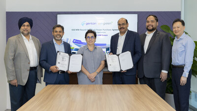 L to R: Navjit Gill - Country Head, Gentari India, Sushil Purohit, Chief Executive Officer (Gentari), Michele Azalbert, Chief Hydrogen Officer (Gentari), Mahesh Kolli, Group President, AM Green, Shahrul Yassin, Head Commercial, Gentari India, and Kian Min Low, Chief Renewables Officer (Gentari)