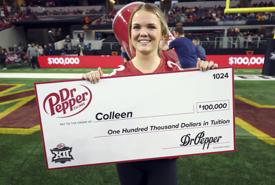 Colleen winning the Dr Pepper Tuition Giveaway during halftime at the 2024 Big 12 Championship Game on December 7, 2024, at the AT&T Stadium in Arlington, TX. (AP Images for Dr Pepper)