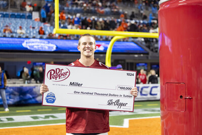 Miller winning the Dr Pepper Tuition Giveaway during halftime at the 2024 ACC Championship Game on December 7, 2024, at the Bank of America Stadium in Charlotte, NC.  (AP Images for Dr Pepper)