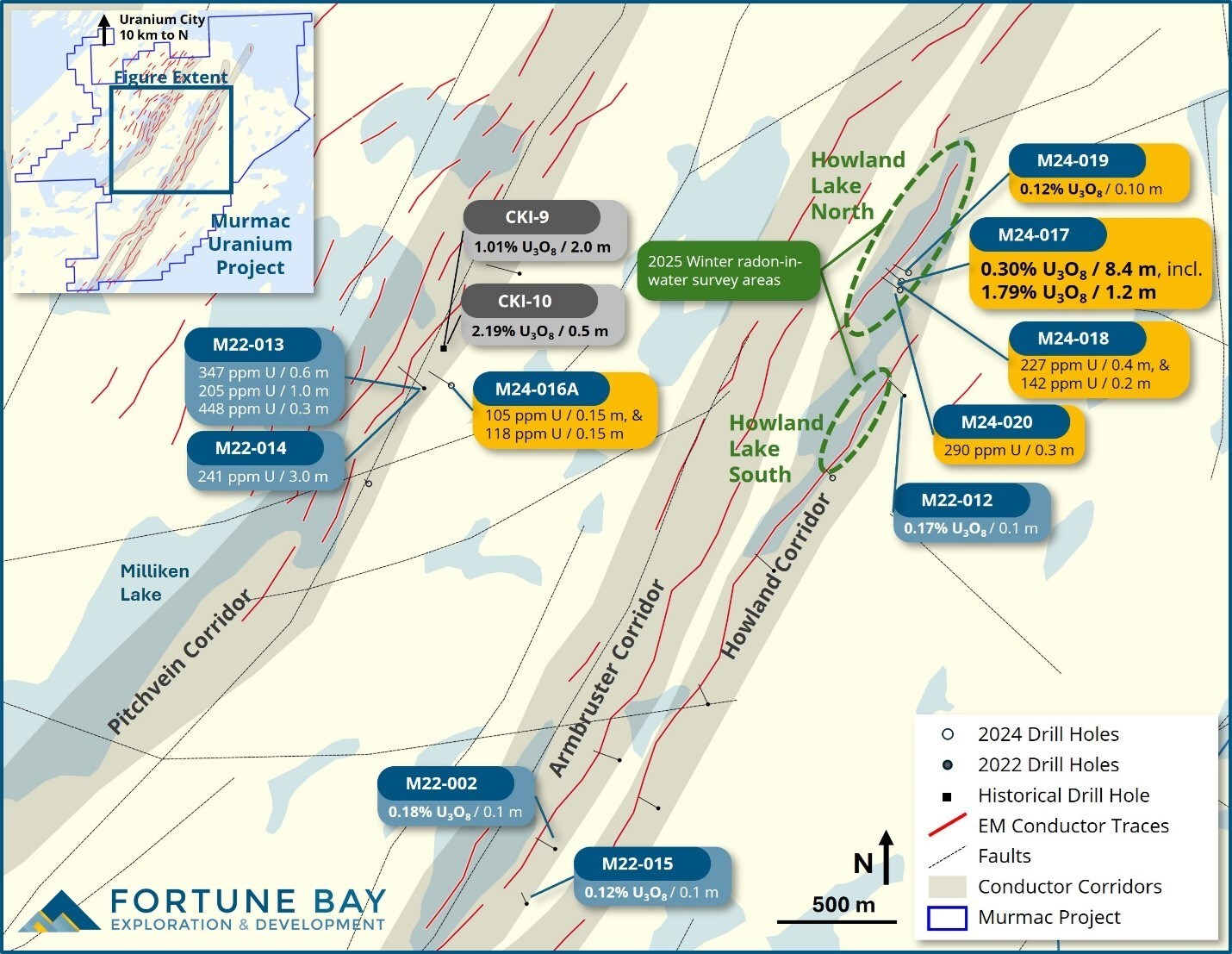 Figure 1: Location of 2024 Murmac drill holes (prefix M24), including assay highlights. (CNW Group/Fortune Bay Corp.) Figure 1: Location of 2024 Murmac drill holes (prefix M24), including assay highlights. (CNW Group/Fortune Bay Corp.)