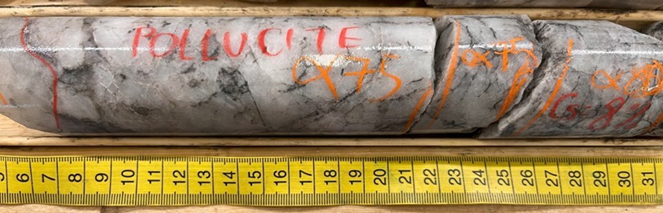 Figure 1 – Photo of drill core from PWM-24-242 displaying 8 meters of Pollucite from West Joe at the Company’s Case Lake Property, Ontario, Canada (CNW Group/Power Metals Corp.) Figure 1 – Photo of drill core from PWM-24-242 displaying 8 meters of Pollucite from West Joe at the Company’s Case Lake Property, Ontario, Canada (CNW Group/Power Metals Corp.)