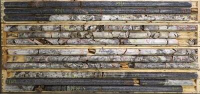 Figure 2 – Photo of drill core from PWM-24-248 displaying 7 meters of Pollucite from West Joe at the Company’s Case Lake Property, Ontario, Canada (CNW Group/Power Metals Corp.)