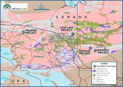 Figure 6 – Power Metals Corp Project Locations Map in Ontario and Quebec Canada (CNW Group/Power Metals Corp.)