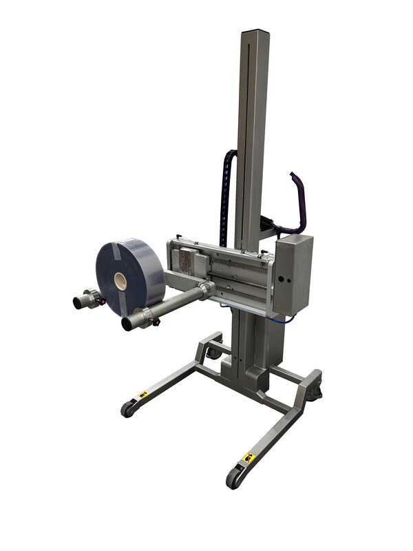 The stainless roll handling equipment features a twin spindle attachment with side-shift mechanism for precisely loading rolls