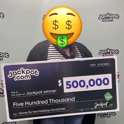 $500,000 winner holding up their check after purchasing winning ticket on Jackpot.com