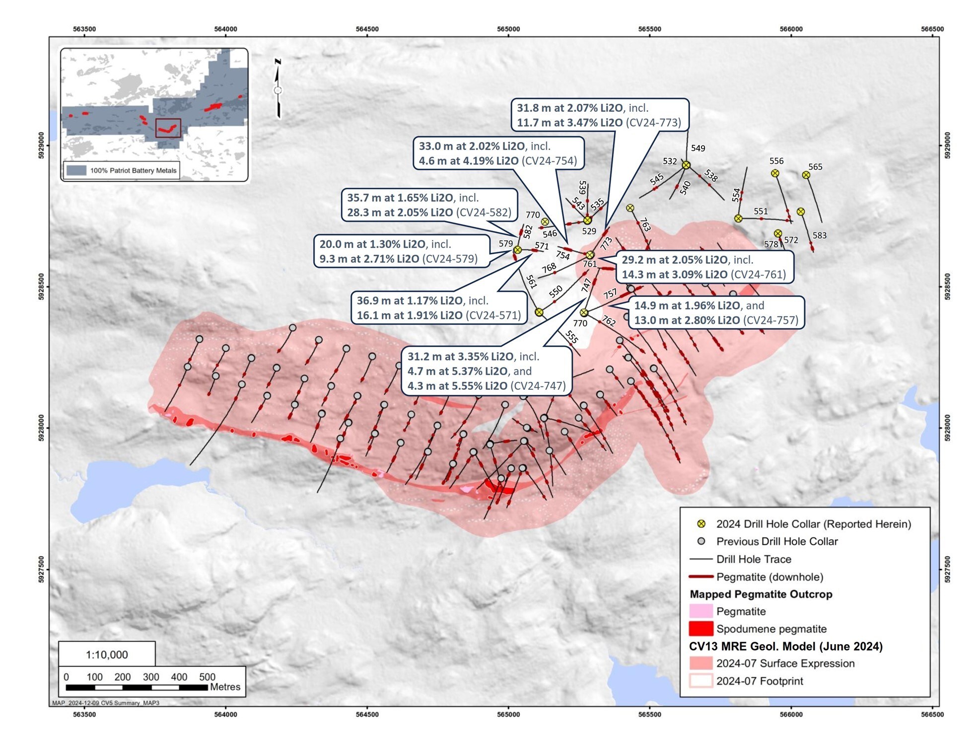 Figure 1: Drill holes completed to date at CV13. (CNW Group/Patriot Battery Metals Inc.) Figure 1: Drill holes completed to date at CV13. (CNW Group/Patriot Battery Metals Inc.)
