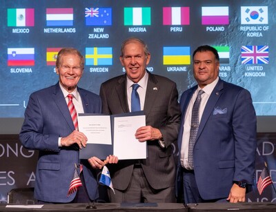 NASA Administrator Bill Nelson, left, Ambassador of the Republic of Panama to the United States of America José Miguel Alemán Healy, center, and U.S. Department of State Principal Deputy Assistant Secretary in the Bureau of Oceans and International Environmental and Scientific Affairs Tony Fernandes, pose for a picture after the Republic of Panama signed the Artemis Accords, Wednesday, Dec. 11, 2024, at the Mary W. Jackson NASA Headquarters building in Washington. The Republic of Panama is the 49th country to sign the Artemis Accords, which establish a practical set of principles to guide space exploration cooperation among nations participating in NASA’s Artemis program. Credit: NASA/Joel Kowsky