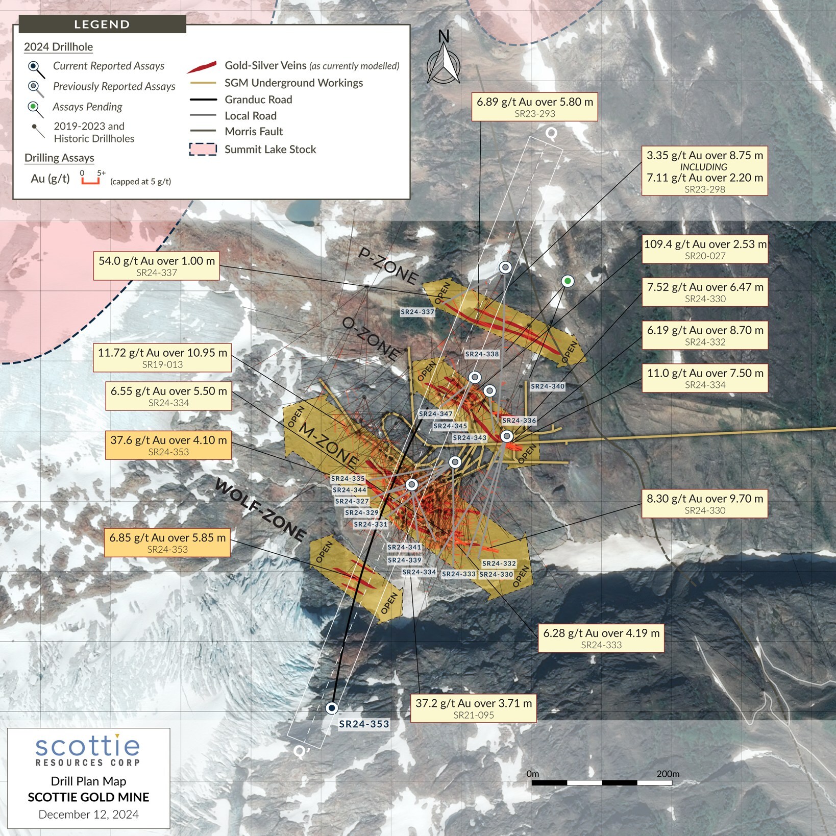 Figure 1: Overview plan view map of the Scottie Gold Mine, illustrating known mineralized zones, historic underground workings, and the distribution of the collars and traces of the 2024 drill holes. (CNW Group/Scottie Resources Corp.) Figure 1: Overview plan view map of the Scottie Gold Mine, illustrating known mineralized zones, historic underground workings, and the distribution of the collars and traces of the 2024 drill holes. (CNW Group/Scottie Resources Corp.)