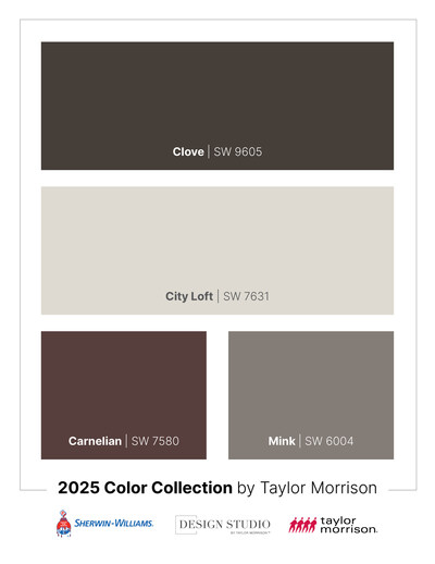 Taylor Morrison’s 2025 Color Collection features Clove (SW 9605) from Sherwin-Williams’ Color Capsule of the Year, City Loft (SW 7631), Mink (SW 6004) and Carnelian (SW 7580).