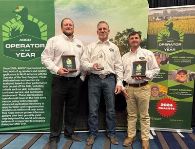 Travis Hughes of Bollmeyer Inc. in Akron, IA, Randy Bauwens of Town & Country Supply Association in Laurel, MT, and Jeff Jablonski of GreenPoint Ag in Loxley, AL, were AGCO’s 2024 Operator of the Year finalists (left to right). Bauwens was introduced as the award winner at the ARA Annual Conference & Expo in Houston, TX, on December 4.