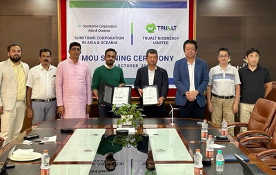 Left to right: Mr. Vinayaka Kashyap, CTO - Leafiniti Bioenergy; Mr. Murugesh Hattikal, Technical Director, Nirani Sugars Limited; Mr. Sangamesh Nirani, Executive Director, Nirani Sugars Limited; Mr. Vijay Nirani, Founder and Managing Director, TruAlt Bioenergy Limited; Mr. Hiroshi Karashima, Deputy CEO, Sumitomo Corporation Asia & Oceania; Mr. Isao Nakamura, General Manager, Energy Transformation Business Unit; Mr. Hiroto Fujimoto, General Manager, Bioenergy Department, Sumitomo Corporation India Private Limited; Mr. Hiromasa Ebihara, Deputy General Manager, Energy Transformation Business Unit, Sumitomo Corporation Asia & Oceania.