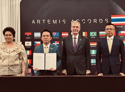 From left to right, Thailand's Minister of Higher Education, Science, Research and Innovation Supamas Isarabhakdi, Executive Director of GISTDA Pakorn Apaphant, U.S. Ambassador to Thailand Robert Godec, and Pol. Gen. Suwat Jangyodsuk, Chairman of GISTDA, pose for a photo after the signing of the Artemis Accords at a signing ceremony in Bangkok, Thailand on Monday, Dec. 16, 2024. Credit: U.S. State Department